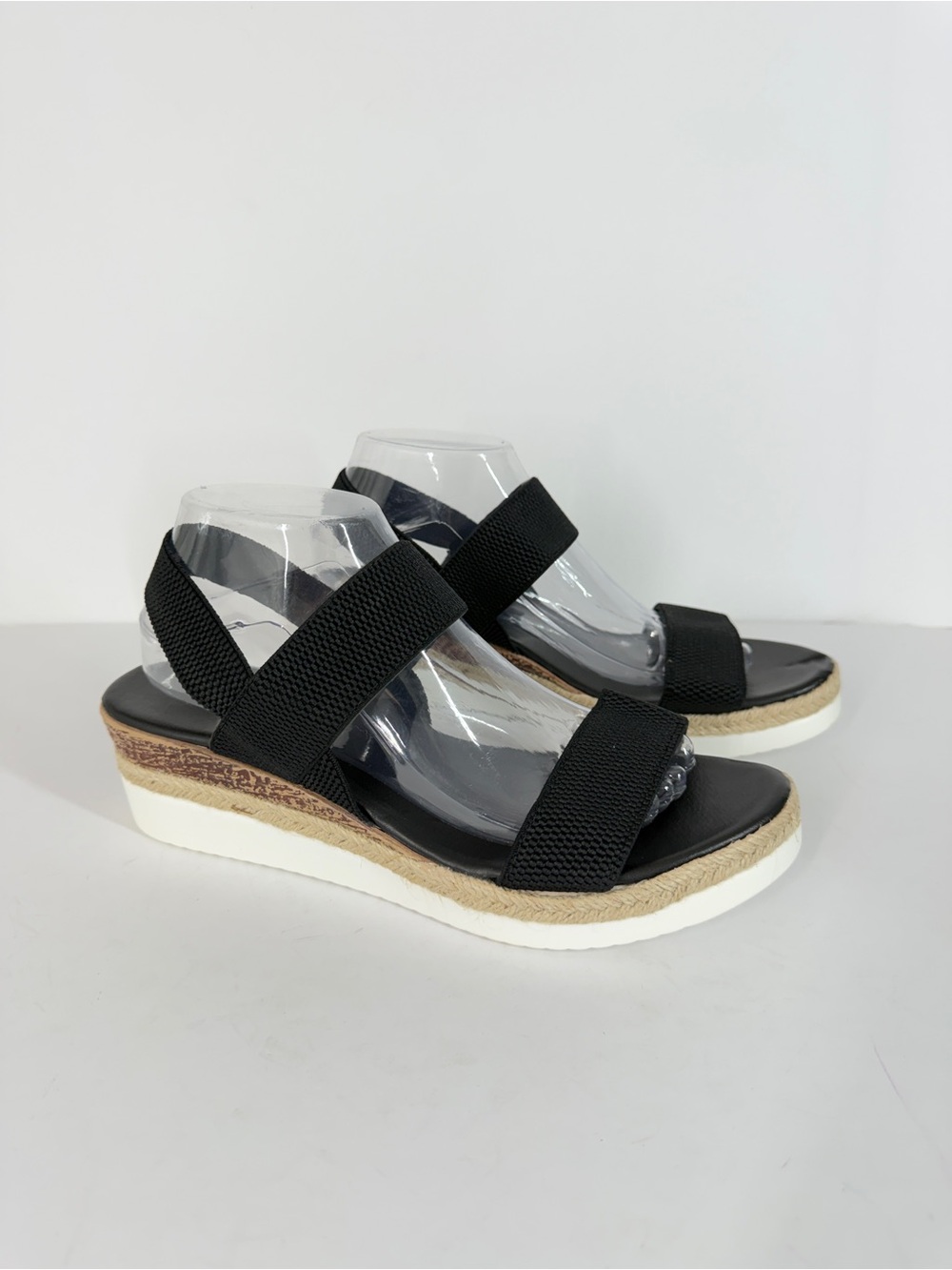 Womens Black Elastic Stretch Strap Espadrille Cork Platform Wedge Sandals 10.5
